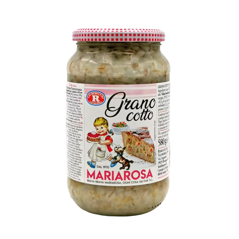 Bocal de blé cuit Grano Cotto Mariarosa 580 g, idéal pour les recettes italiennes traditionnelles et la pastiera napolitaine.