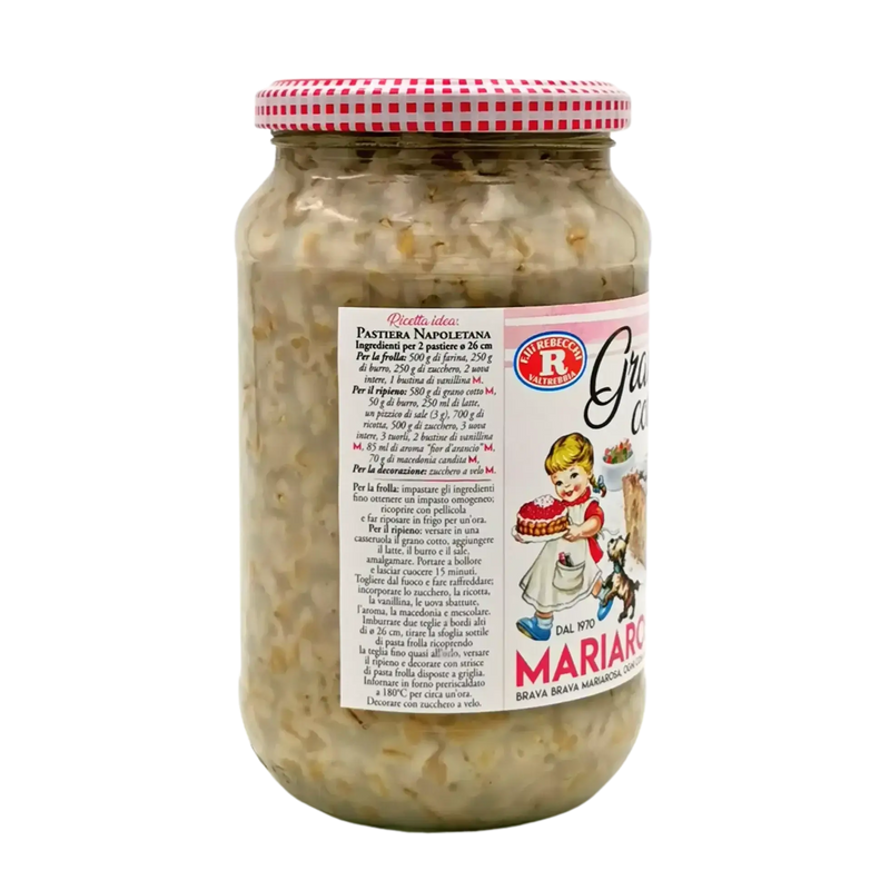 Bocal de blé cuit Grano Cotto Mariarosa 580 g, idéal pour la pastiera napolitaine et les recettes traditionnelles, produit de qualité italienne.