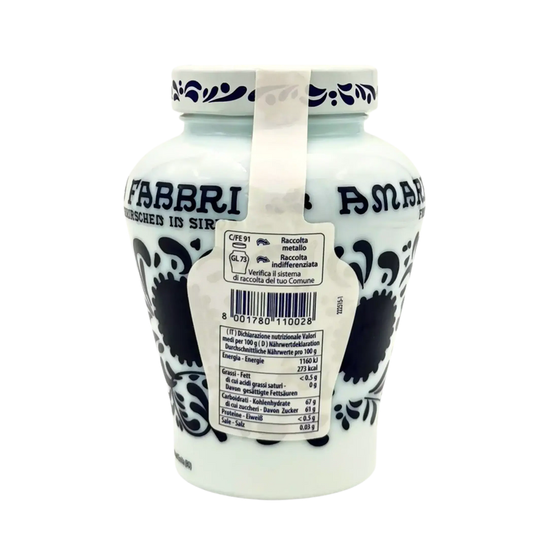 Bocal de Cerises Amarena Fabbri 600 g, mettant en avant le design italien et les détails de l’étiquette.