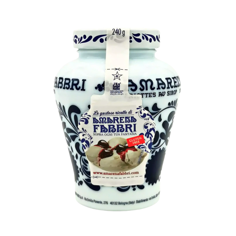 Cerises Amarena Fabbri 600 g, pot au design décoratif, parfait pour les desserts et décorations, disponible sur EasyGusto.fr.