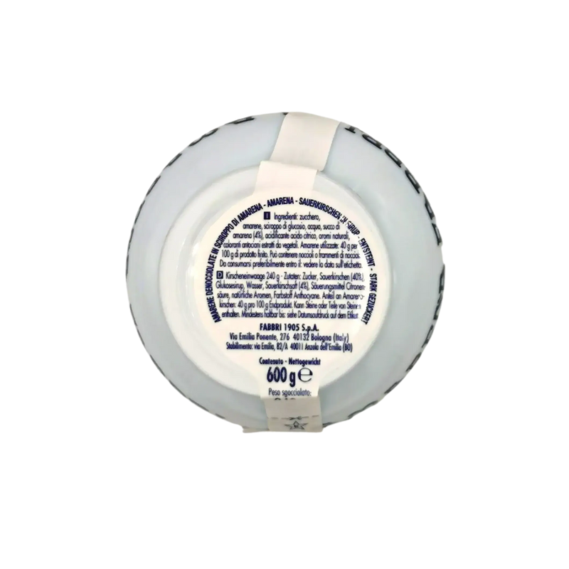Étiquette arrière du bocal de Cerises Amarena Fabbri 600 g, présentant les ingrédients et informations produit.