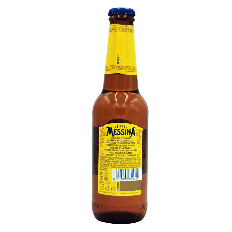 Bière Messina 33cl - bouteille de bière sicilienne authentique avec étiquette jaune et informations au dos.