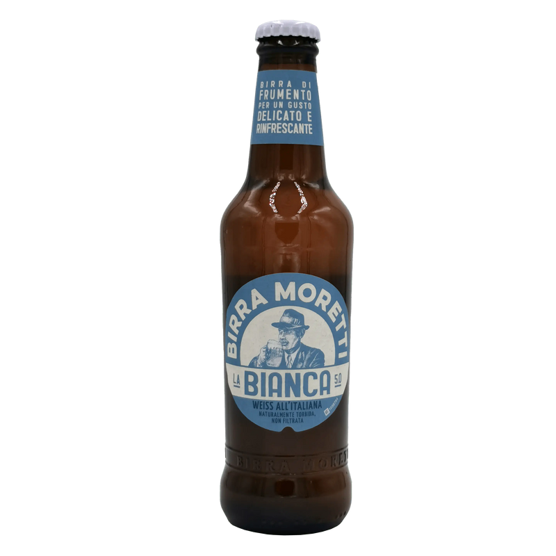 Bouteille de bière blanche Birra Moretti 33cl avec saveur italienne authentique, bière blanche italienne.