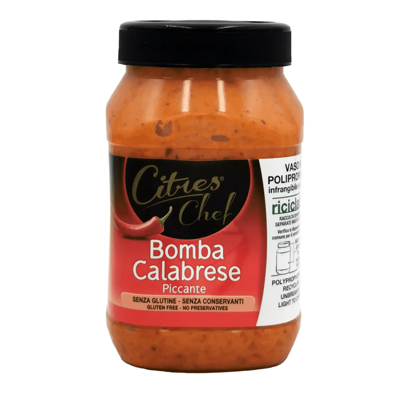 Bocal de Bomba Calabrese Crème Citres 980g avec mélange explosif de poivres, piments, aubergines et tomates séchées.