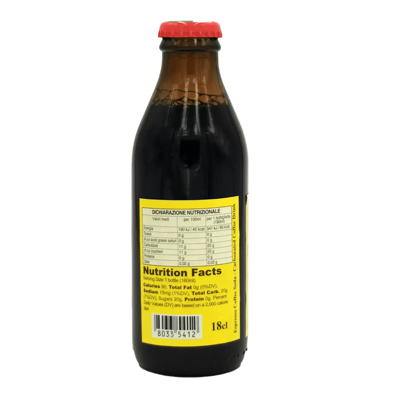 Bibita al Caffè Brasilena – Détail de la bouteille en verre, saveur authentique du café italien