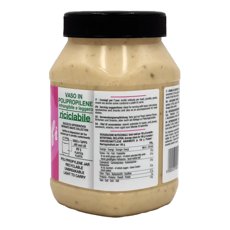 Pot de crème d'artichauts citres 970g avec étiquette nutritionnelle et recommandations d'utilisation.