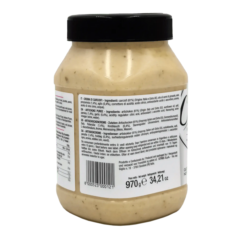 Pot de crème d’artichauts 970g avec étiquette ingrédients.