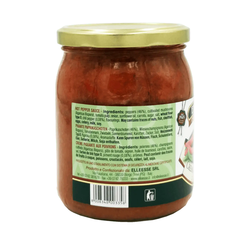Crème de Poivrons Piquante ElleEsse 520g, pot en verre avec étiquette de composition, idéal pour assaisonnement et tartinade.