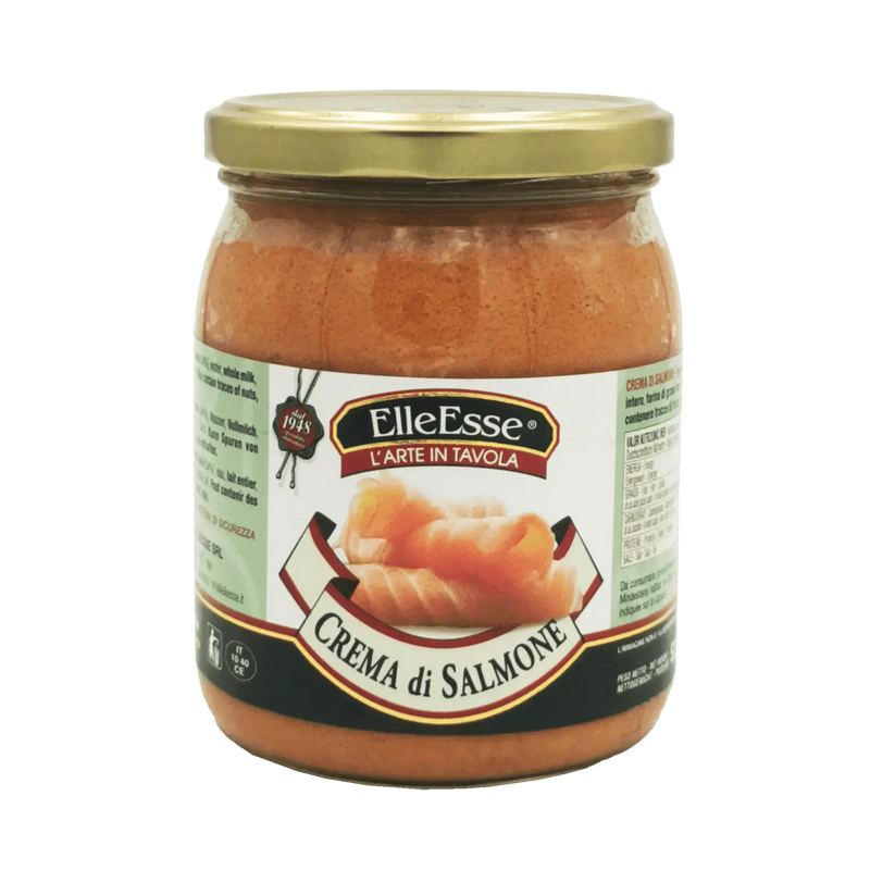 Crème de saumon fumé ElleEsse 520g en pot, idéale pour entrées et tartines gourmandes avec saumon fumé et touches de tomate.