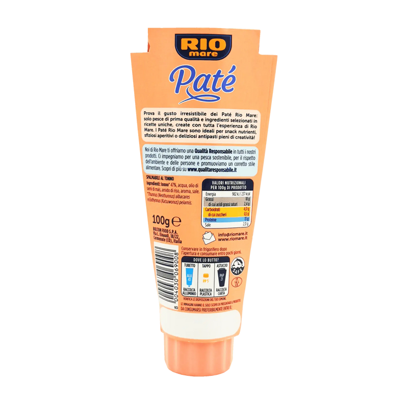 Tube de crème de thon Rio Mare 100 g, tartinable gourmet italien, emballage orange.