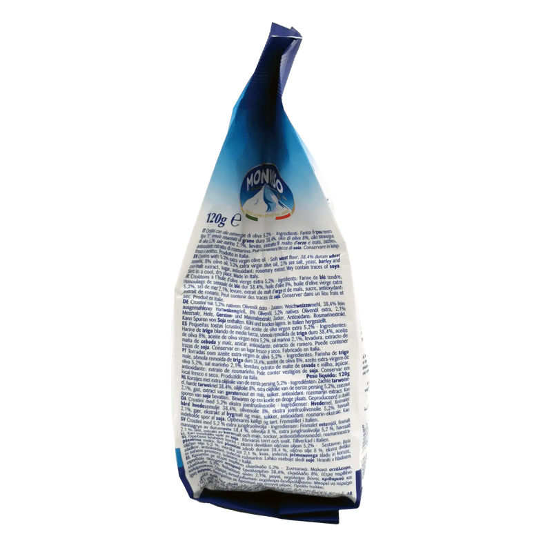 Mini bruschetta Monviso 120 g, avec détails nutritionnels et composition — l’en-cas idéal pour vos apéritifs italiens.