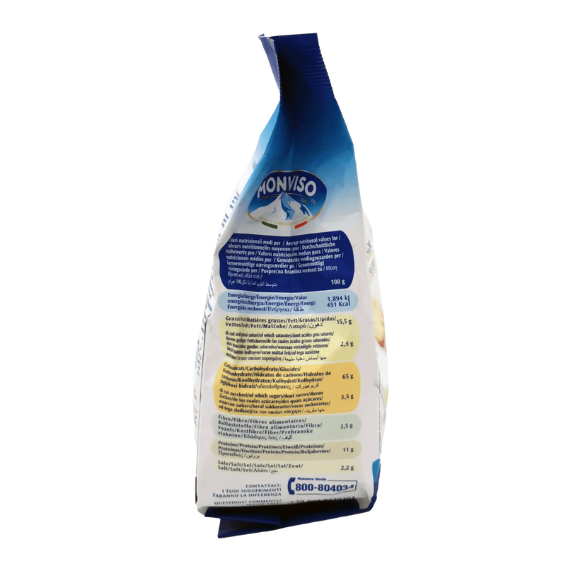 Vue latérale du paquet de mini bruschetta Monviso 120 g, affichant les informations nutritionnelles et la qualité artisanale italienne.