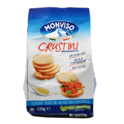 Mini bruschetta Monviso 120 g, délicieux crackers italiens salés à l’huile d’olive, parfaits pour l’apéritif.