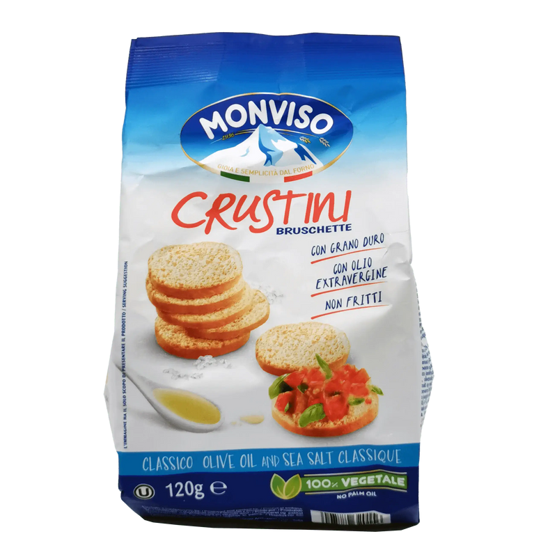 Mini bruschetta Monviso 120 g, délicieux crackers italiens salés à l’huile d’olive, parfaits pour l’apéritif.