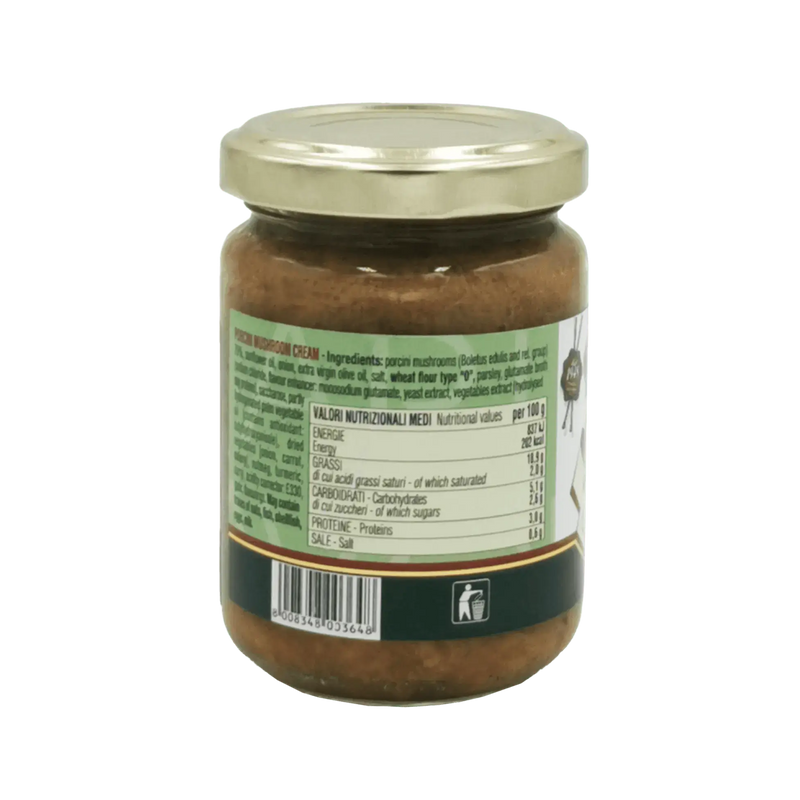 Pot de crème de cèpes ElleEsse 130g avec vue sur les ingrédients et informations nutritionnelles.