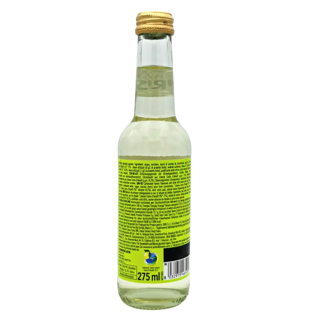 Flasche Italienische Gazzosa La Nostra 275ml, Zitronenlimonade von der Amalfiküste, erfrischend und sprudelnd.