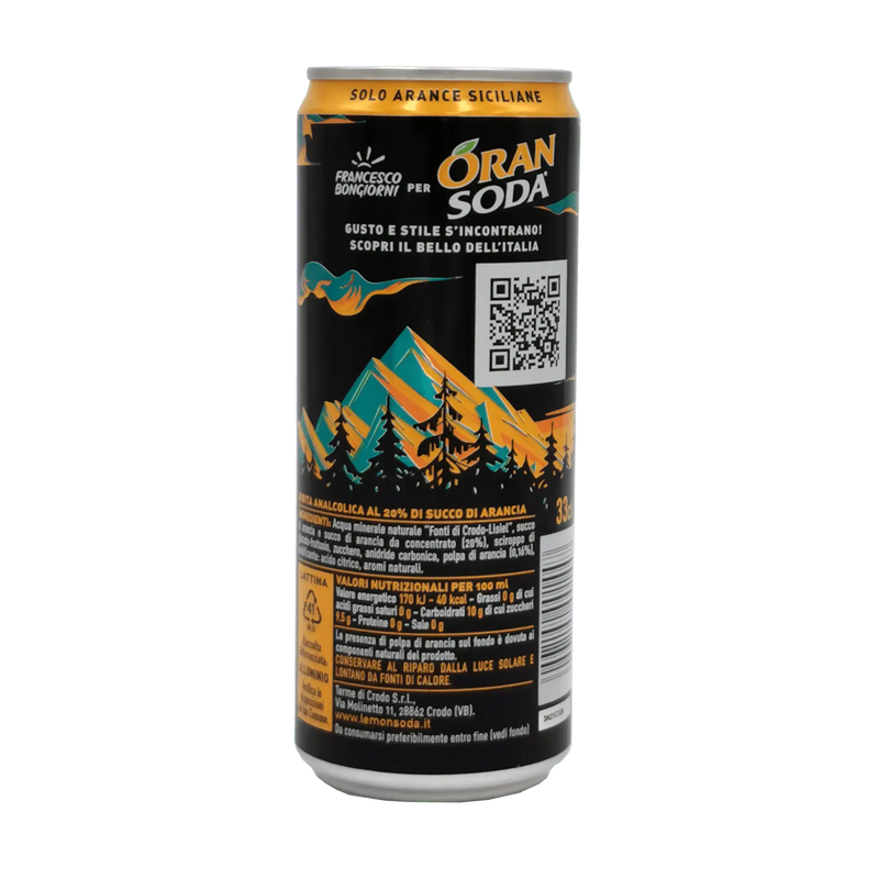 Oransoda Fonti di Crodo – Détail arrière de la canette aranciata 33 cl