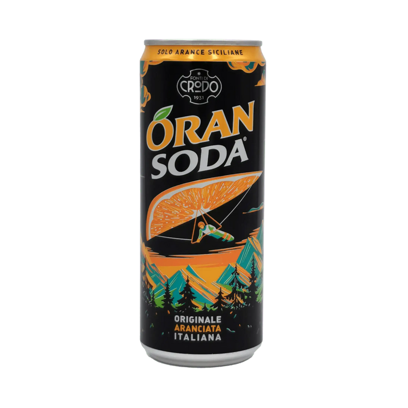 Oransoda Fonti di Crodo – Canette aranciata sicilienne 33 cl en gros plan