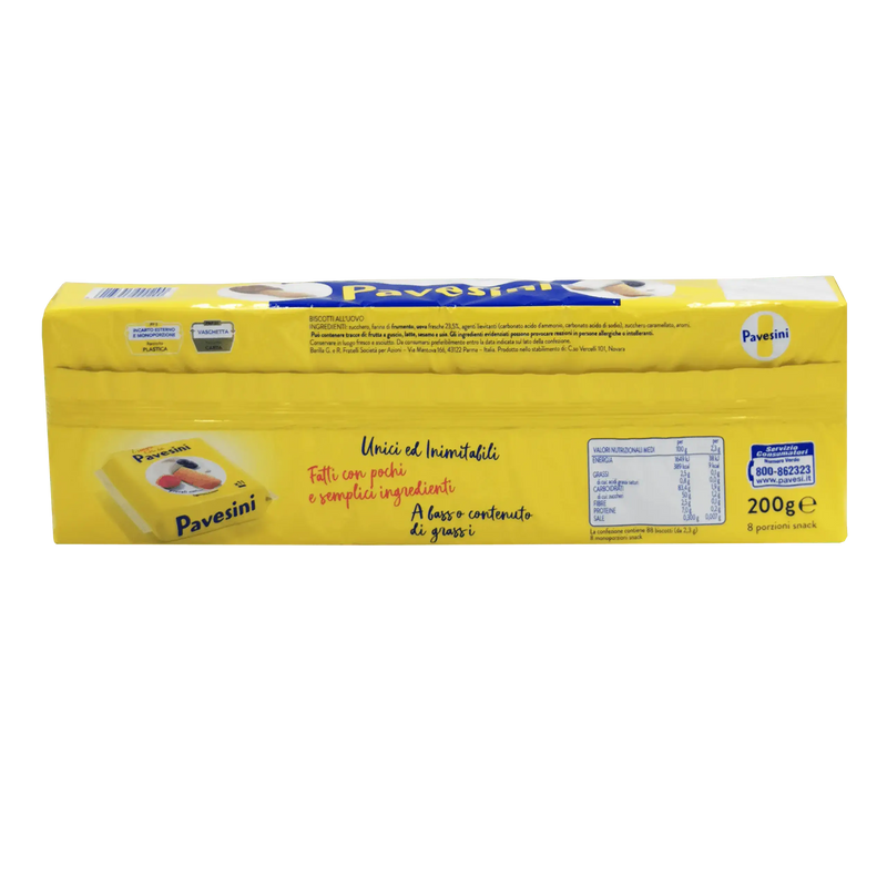 Emballage de Biscuits italiens Pavesini 200g mettant en avant son design coloré et ses informations nutritionnelles.
