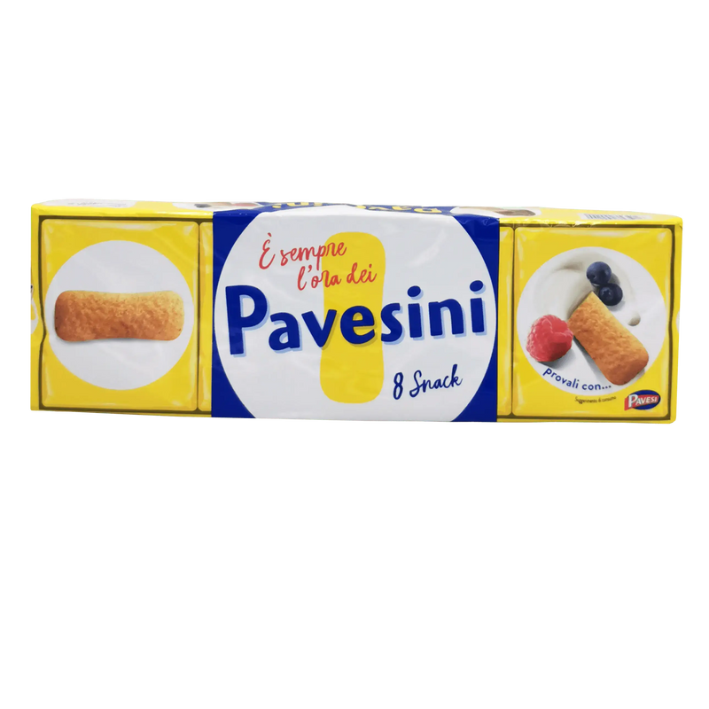 Emballage de biscuits italiens Pavesini 200g avec des collations et des images de biscuits.