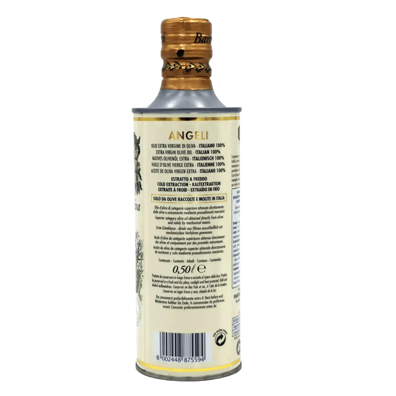 Bouteille de 50cl d'huile d'olive italienne extra vierge Bartolini vue arrière.
