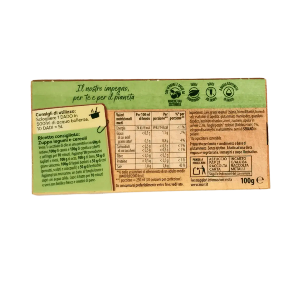 Vue arrière de l’emballage des Cubes de Bouillon aux Cèpes Knorr montrant les ingrédients et les informations nutritionnelles.