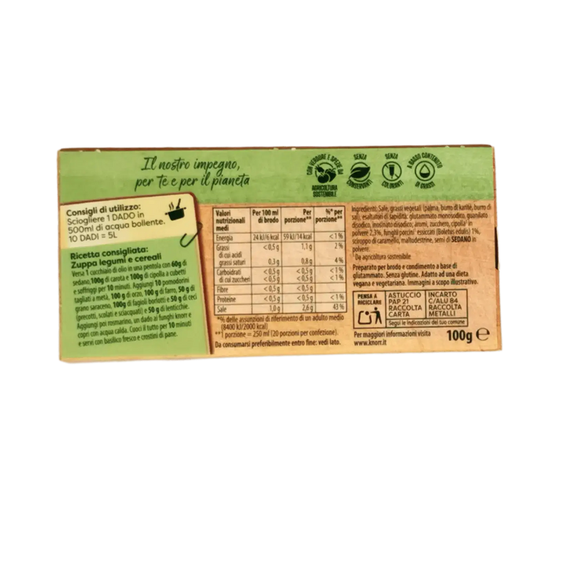 Vue arrière de l’emballage des Cubes de Bouillon aux Cèpes Knorr montrant les ingrédients et les informations nutritionnelles.