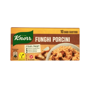 Emballage des Cubes de Bouillon aux Cèpes Knorr avec des champignons et du risotto, parfaits pour les soupes et les ragoûts, sans gluten et adaptés aux végétaliens.