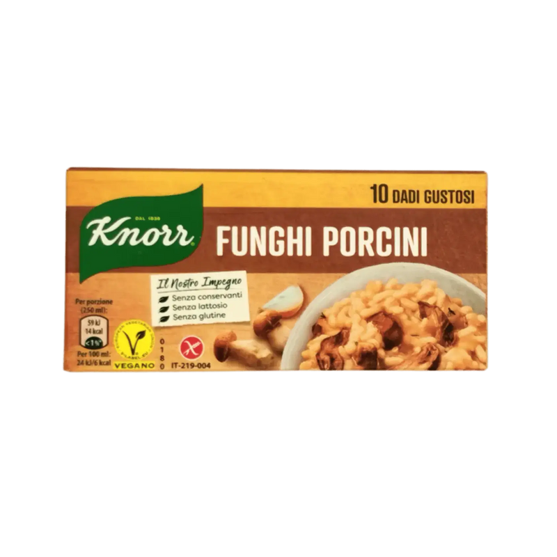 Emballage des Cubes de Bouillon aux Cèpes Knorr avec des champignons et du risotto, parfaits pour les soupes et les ragoûts, sans gluten et adaptés aux végétaliens.