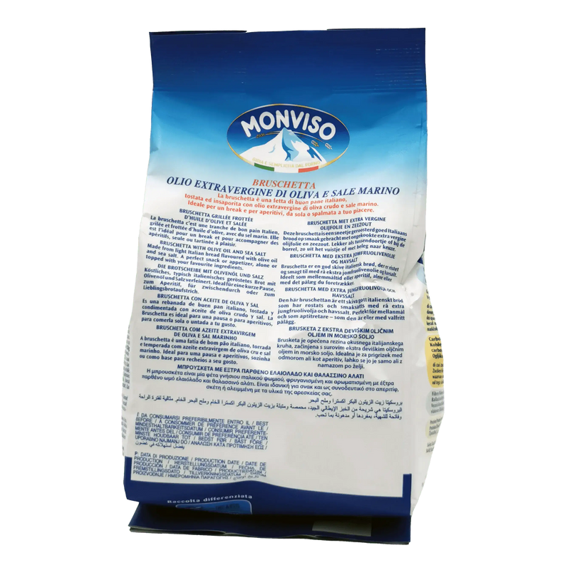 Vue arrière du paquet de mini bruschetta Monviso 120 g, présentant les ingrédients et les informations produit.