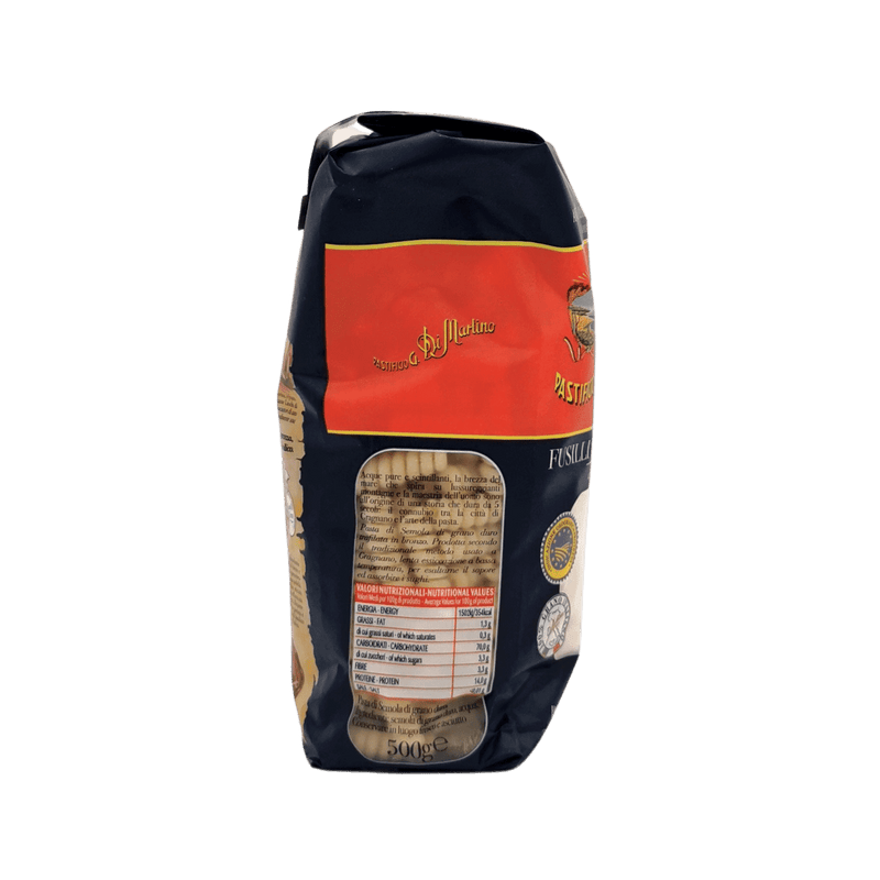 Informations nutritionnelles des pâtes Fusilli Gragnano IGP de Pasta di Martino 500g, produit artisanal italien.