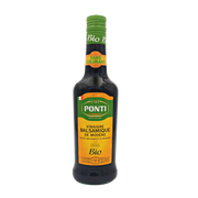 Face avant de la bouteille de vinaigre balsamique de Modène I.G.P. biologique Ponti 500ml, au design jaune et vert, avec mention "sans colorant" sur le col.