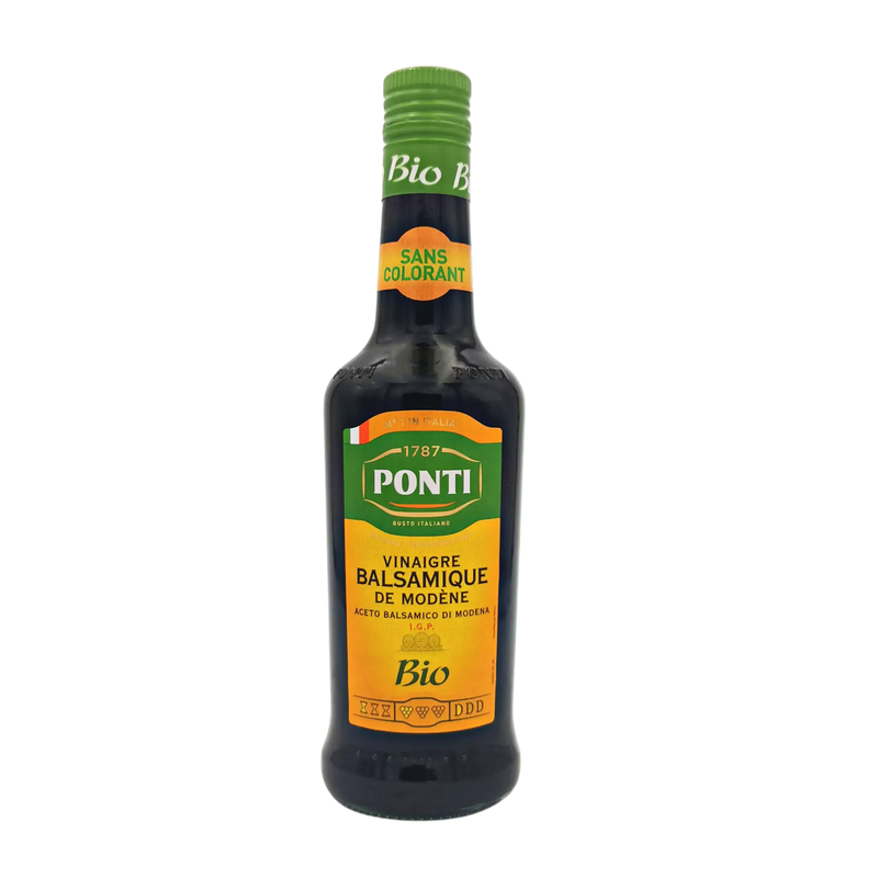 Face avant de la bouteille de vinaigre balsamique de Modène I.G.P. biologique Ponti 500ml, au design jaune et vert, avec mention "sans colorant" sur le col.