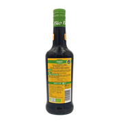 Dos de la bouteille de vinaigre balsamique de Modène I.G.P. bio Ponti 500ml, avec description produit, conseils d’utilisation, logos bio et tableau nutritionnel.
