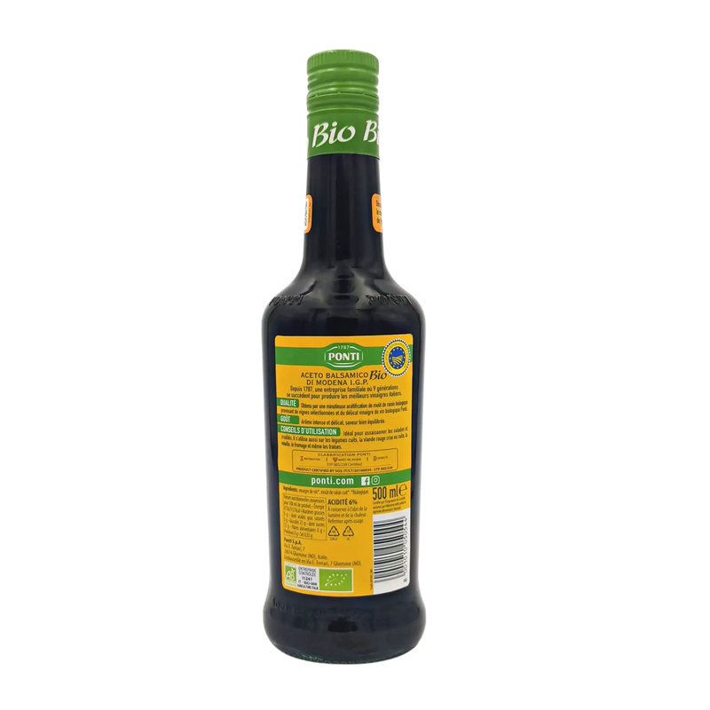Dos de la bouteille de vinaigre balsamique de Modène I.G.P. bio Ponti 500ml, avec description produit, conseils d’utilisation, logos bio et tableau nutritionnel.