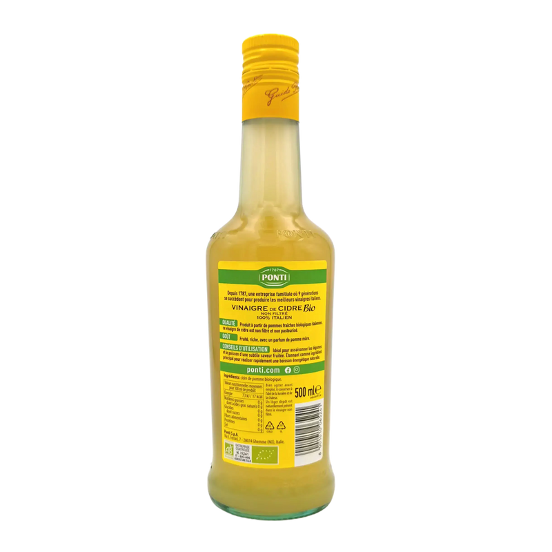 Vinaigre de cidre bio Ponti 500 ml - étiquette arrière avec informations nutritionnelles et conseils d'utilisation