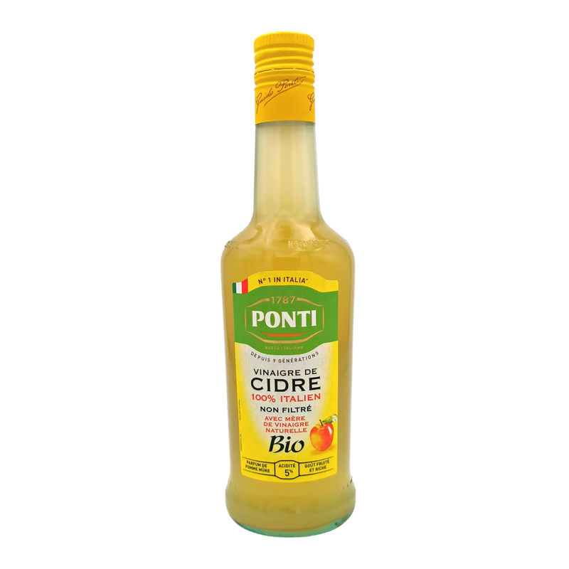 Vinaigre de cidre bio non filtré Ponti 500 ml - bouteille face avant avec étiquette verte et jaune