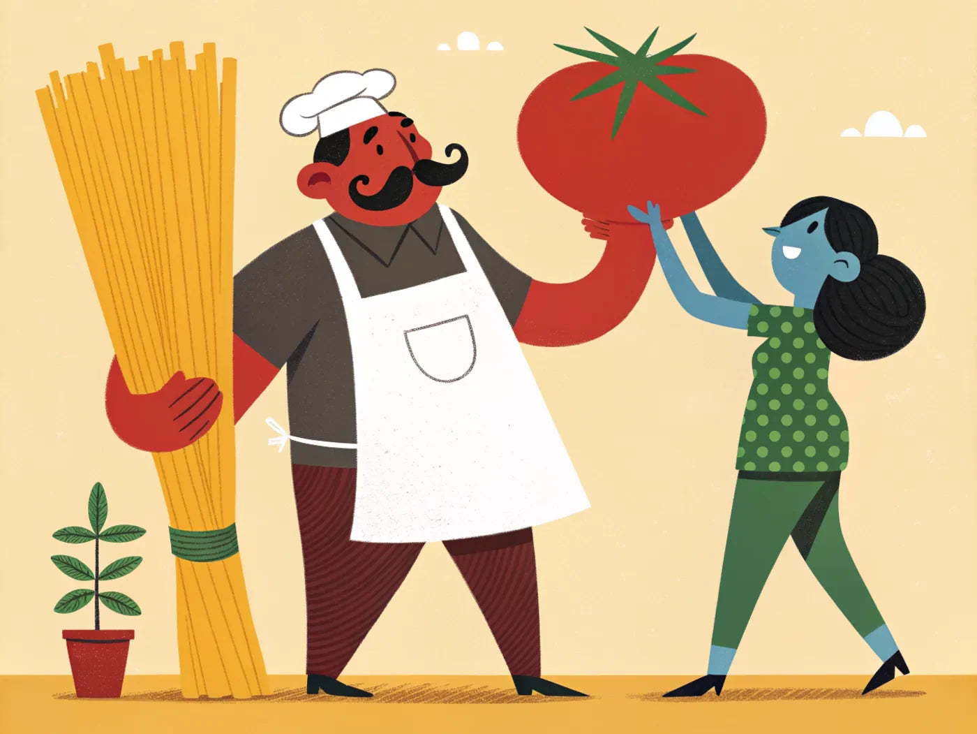 Il droghiere coi baffi porta un pomodoro gigante, una cliente tiene un mazzo di spaghetti